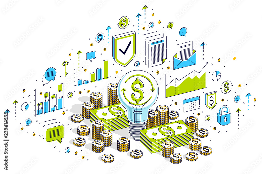 Business start up Idea concept, Light Bulb with cash money stack and coins piles. Vector 3d isometric business illustration with icons, stats charts and design elements.