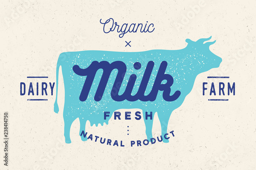 Milk, cow. Logo with cow silhouette, text Milk, Dairy farm