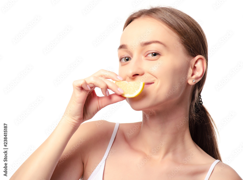 Beautiful woman with lemon beauty fashion skin freshness face smile on a white background. Isolation Beautiful woman with lemon beauty fashion skin freshness face smile on a white background. Isolation