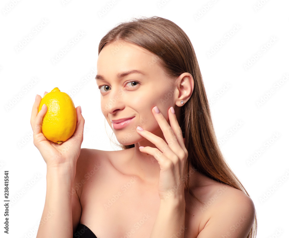 Beautiful woman with lemon beauty fashion skin freshness face on a white background. Isolation
