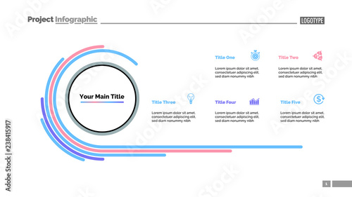 Doughnut chart slide template with five options. Business data. Diagram, comparison, design. Creative concept for infographic, presentation, report. For topics like progress, marketing, analysis