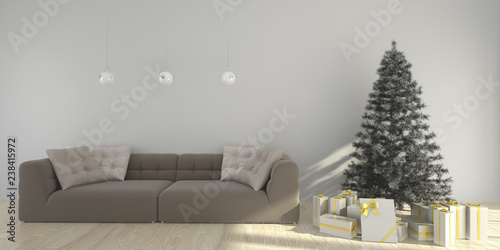 Christmas interior template composition with New Year s Eat  Gift boxes  sofa  holiday decorations. Cozy room with wood floor. 3D render illustrations
