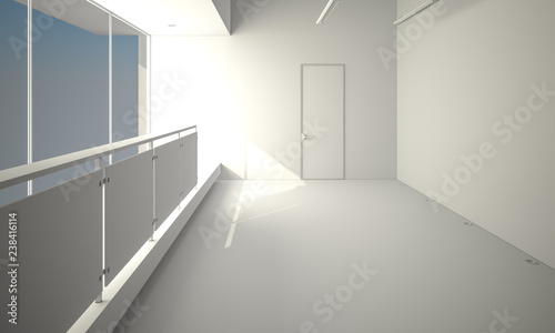 Modern light empty loft room with white wall and wooden floor 3D Render illustration template composition