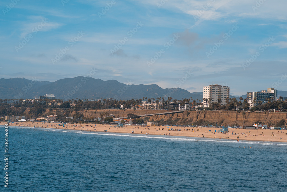 Sea shore and beach in Santa Monica, USA, 2018. Tourism, vacation concept