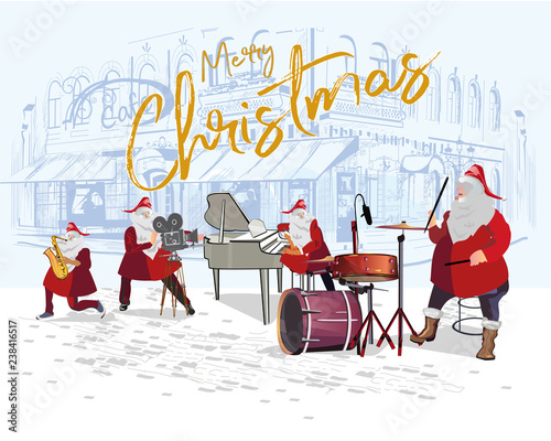 Christmas poster with Santa Claus in the old city. Christmas greeting card. Vector illustration.  