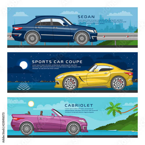 Template banner of unique concept car isolated mockup. Business sedan  sports car coupe and convertible cabriolet vehicle on a city and sea background.