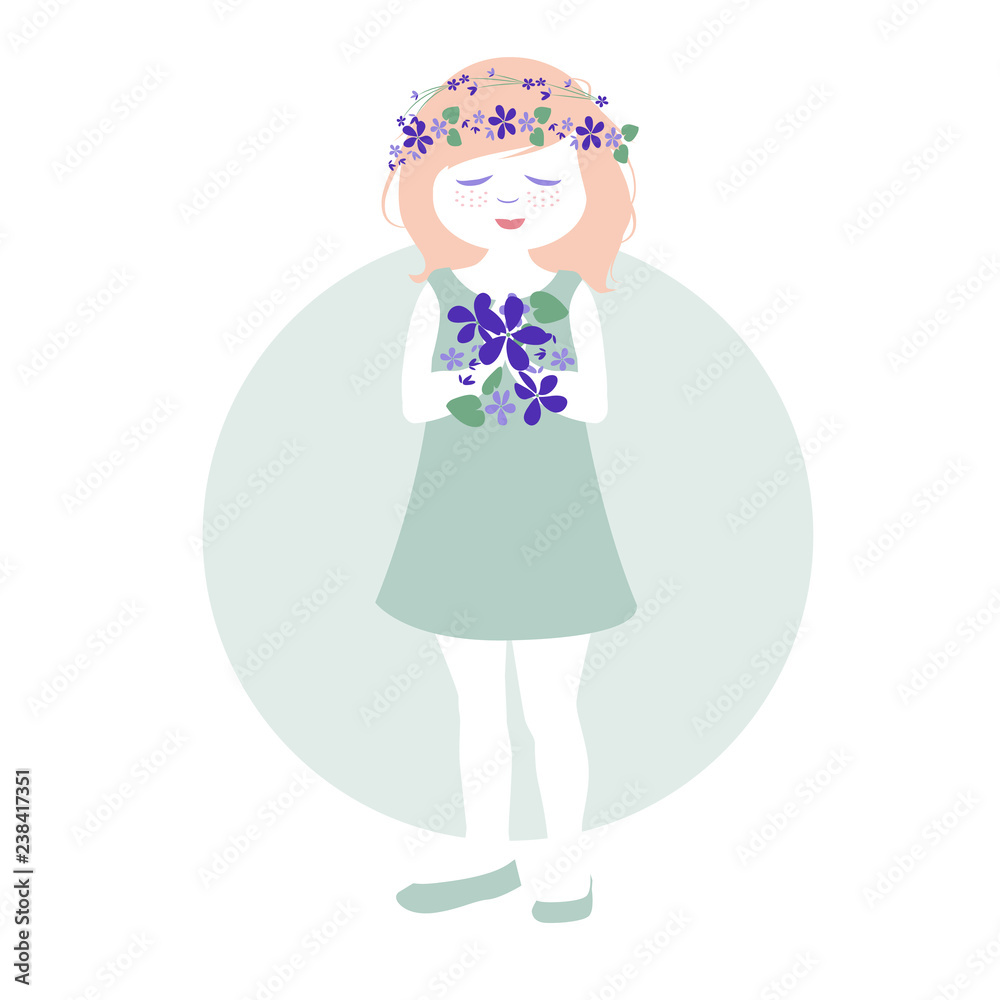 Little girl with garlands of flowers in her hair holding a bouquet of wild violets Little girl with garlands of flowers in her hair holding a bouquet of wild violets