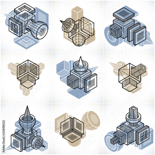 3D engineering vectors, collection of abstract shapes.