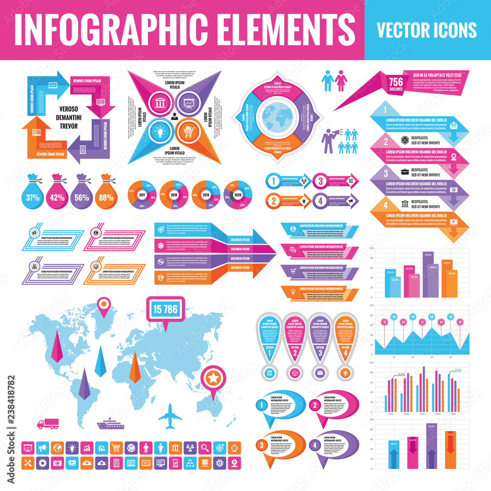 Infographic elements template collection - business vector Illustration in flat design style for presentation, booklet, website etc. Big set of Infograph and icons. Abstract graphic concept banners. 
