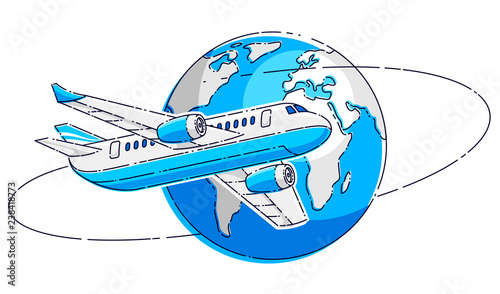 Airlines air travel emblem or illustration with plane airliner and planet earth. Beautiful thin line vector isolated over white background.
