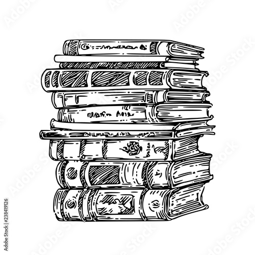 Pile of old books. Sketch. Engraving style. Vector illustration.