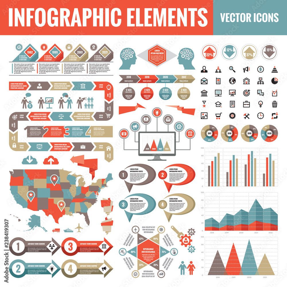 Naklejka premium Infographic elements template collection - business vector Illustration for presentation, booklet, website etc. Big set of Infograph and icons. USA map. Abstract graphic concept banners. 