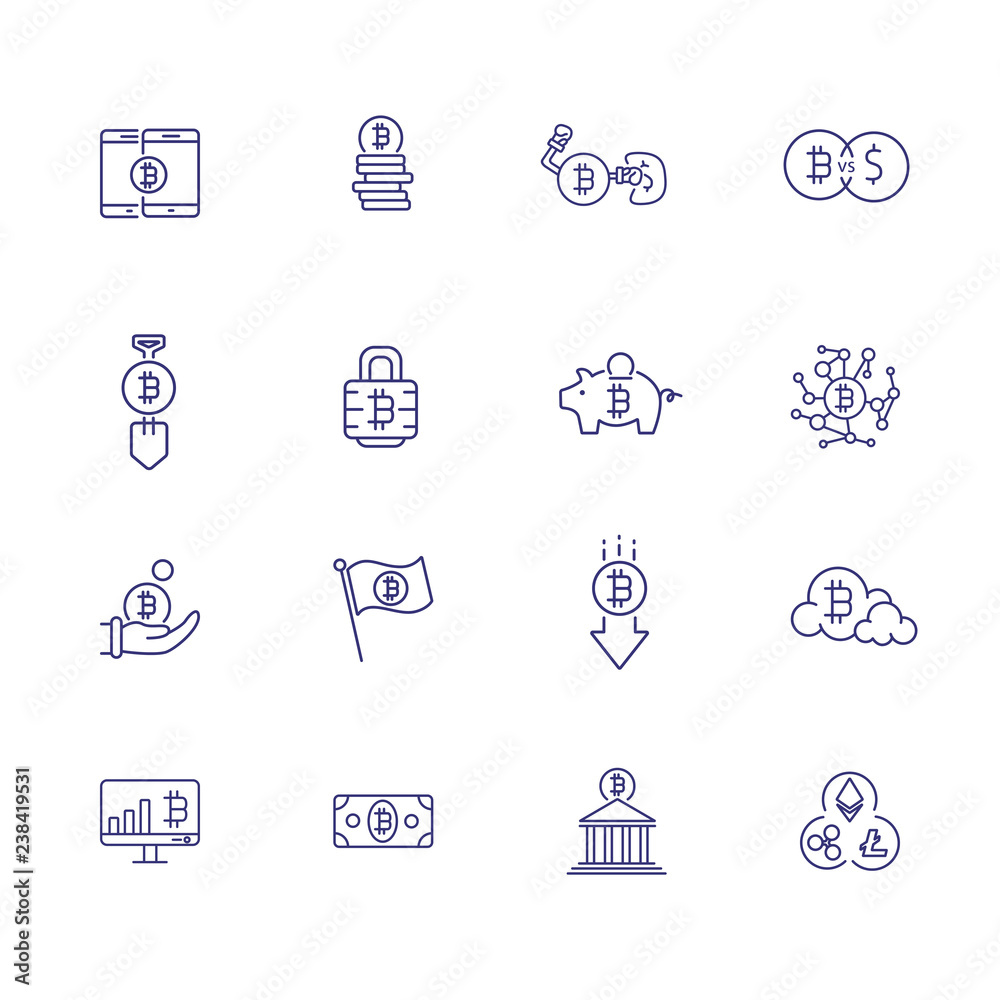 Bitcoin icon set. Set of line icons on white background. Crypto currency concept. Piggy bank, bitcoin, bank. Vector illustration can be used for topics like banking, mining, investment