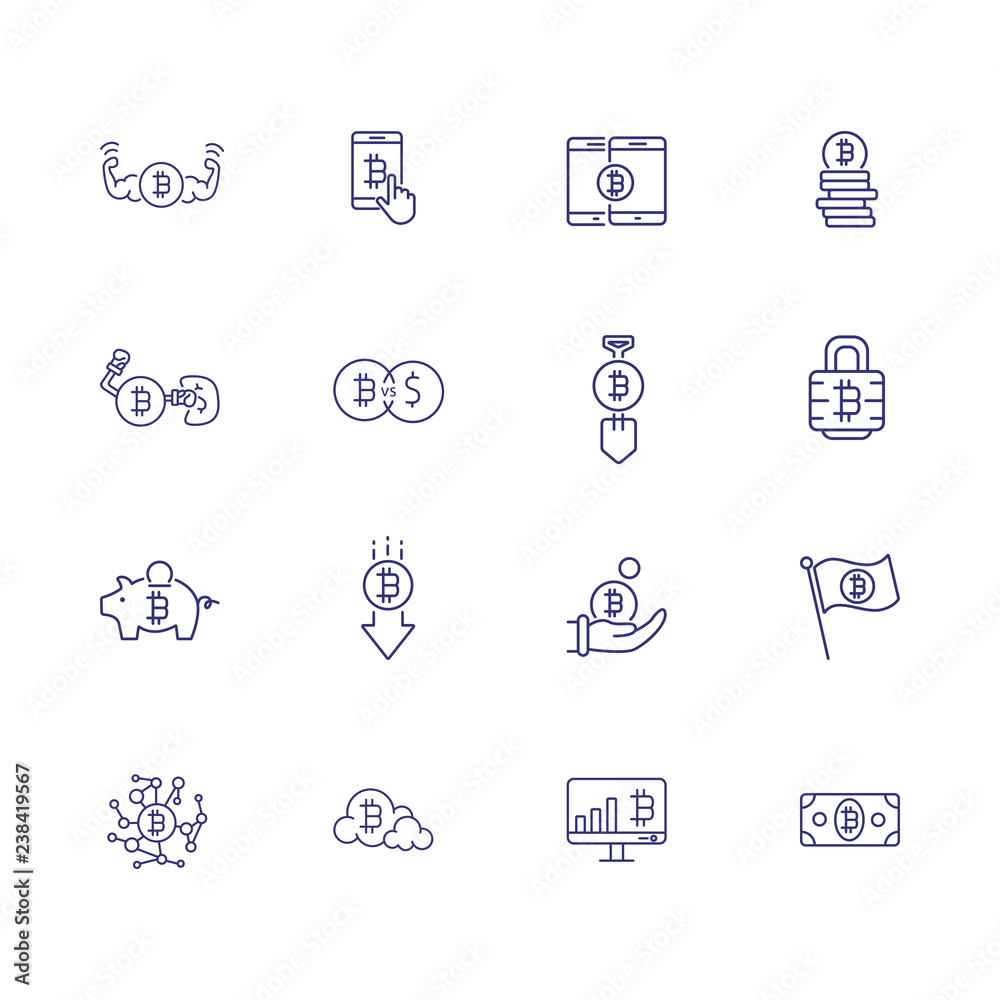 Bitcoin mining icon set. Set of line icons on white background. Bitcoin, gear, internet. Crypto currency concept. Vector illustration can be used for topics like banking, investment, profit Bitcoin mining icon set. Set of line icons on white background. Bitcoin, gear, internet. Crypto currency concept. Vector illustration can be used for topics like banking, investment, profit