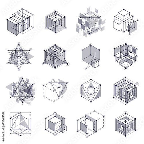 Vector drawings set of black and white industrial system created with lines and 3D cubes. Modern geometric composition can be used as template and layout.