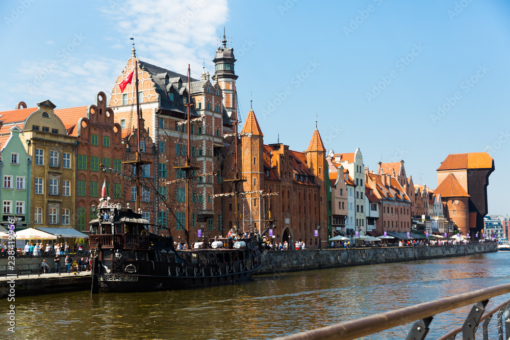 Sunny day  of Motlawa river embankment in historical part of Gdansk, Poland