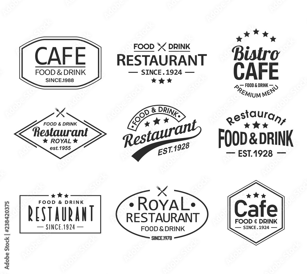 Set of isolated cafe and restaurant logos Set of isolated cafe and restaurant logos
