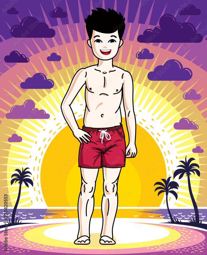 Cute little boy child standing in red stylish beach shorts. Vector character. Childhood lifestyle clipart.