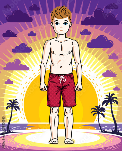 Cute happy young teen boy posing in red stylish beach shorts. Vector pretty nice human illustration. Childhood lifestyle cartoon.