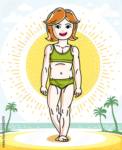 Beautiful little redhead girl cute child standing on tropical beach with palms. Vector human illustration wearing colorful bathing suit.