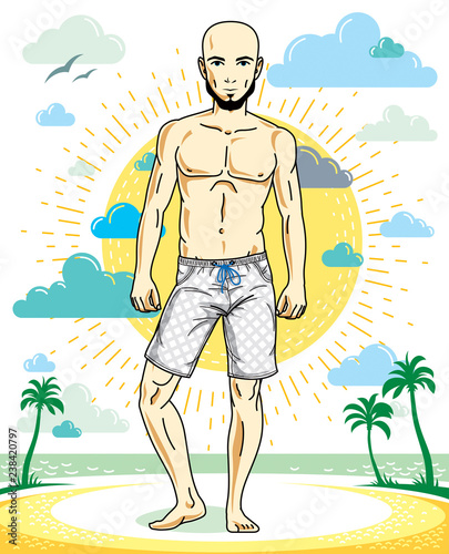 Handsome hairless young man with beard standing on tropical beach in bright shorts. Vector athletic male illustration. Summer vacation lifestyle theme cartoon.