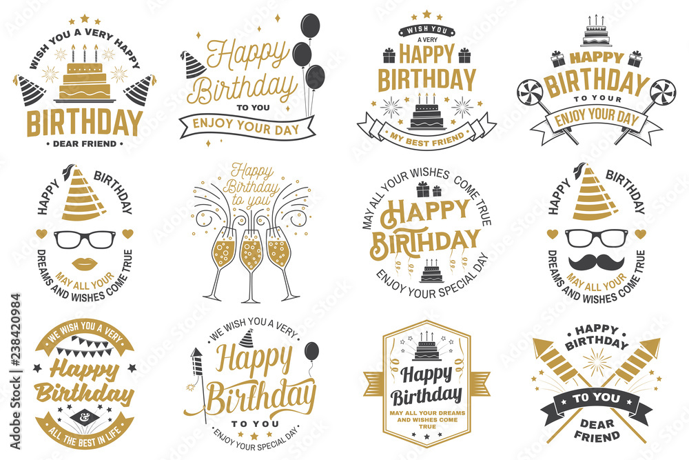 Set of Happy Birthday templates for overlay, badge, card with bunch of balloons, gifts, firework rockets and birthday cake with candles. Vector. Vintage design for birthday celebration - obrazy, fototapety, plakaty 