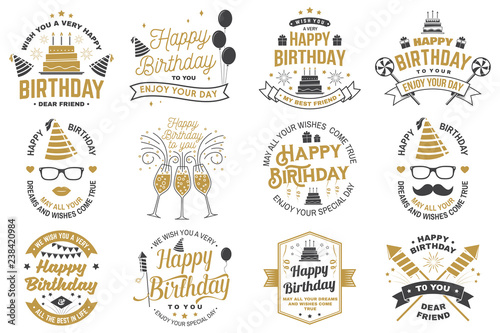 Set of Happy Birthday templates for overlay, badge, card with bunch of balloons, gifts, firework rockets and birthday cake with candles. Vector. Vintage design for birthday celebration