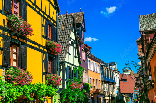Traditional colorful half-timbered houses in Alsace. Riquewihr village, France