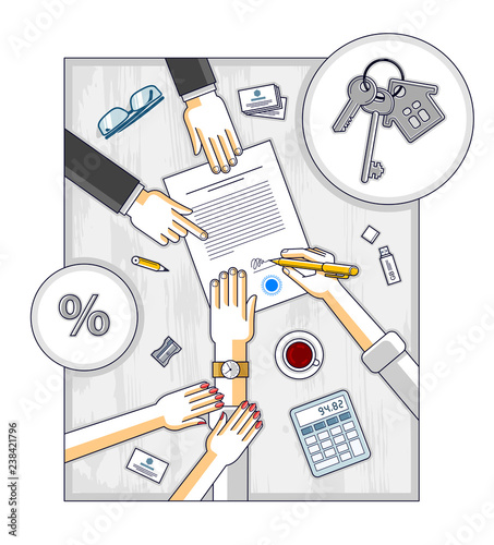 Man signs bank mortgage hypothec for real property house buying and his woman helps him to dare to make a decision and employee explains terms of loan, top view people hands and paper. Vector.