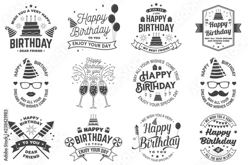 Set of Happy Birthday templates for overlay, badge, card with bunch of balloons, gifts, firework rockets and birthday cake with candles. Vector. Vintage design for birthday celebration