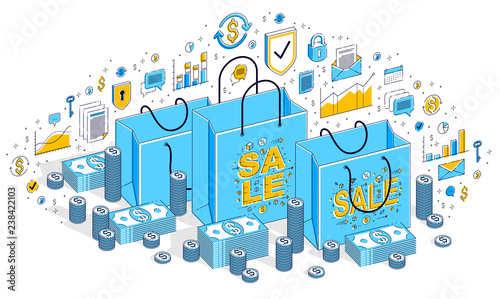 Sellout concept, Retail, Big Sale, Shopping Bag with cash money stacks and coin piles isolated on white. Isometric 3d vector finance illustration with icons, stats charts and design elements.