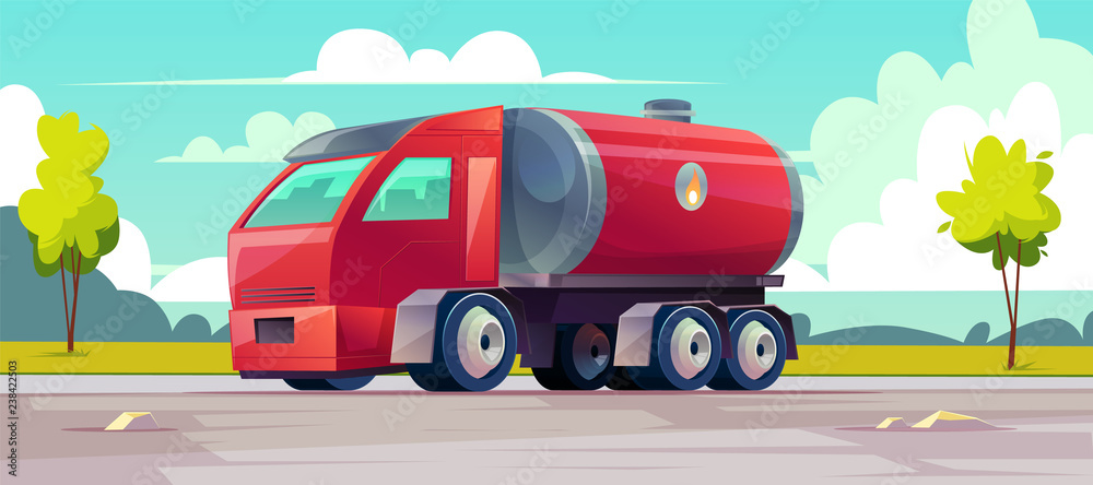 Vector red truck delivers flammable oil in tank. Background with vehicle, green trees and sky with clouds. Transport with cistern of liquid gasoline, fuel on the road. Industrial lorry with petroleum.