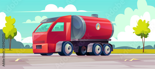 Vector red truck delivers flammable oil in tank. Background with vehicle, green trees and sky with clouds. Transport with cistern of liquid gasoline, fuel on the road. Industrial lorry with petroleum. © vectorpouch