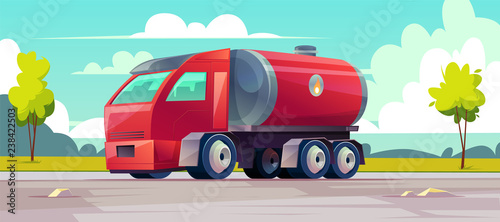 Vector red truck delivers flammable oil in tank. Background with vehicle, green trees and sky with clouds. Transport with cistern of liquid gasoline, fuel on the road. Industrial lorry with petroleum.