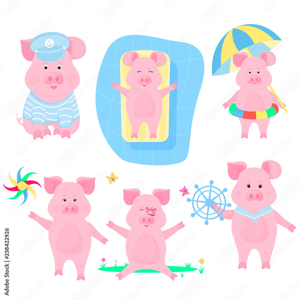 A set of funny pigs. Piggy sailor. Pigling with a swim ring and an umbrella from the sun. Piglet on an inflatable mattress in the pool. Boar walks with a windmill toy.