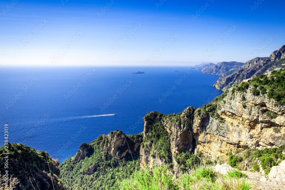 View of Path of Gods and Tyrrhenian sea and Positano, Amalfi coast