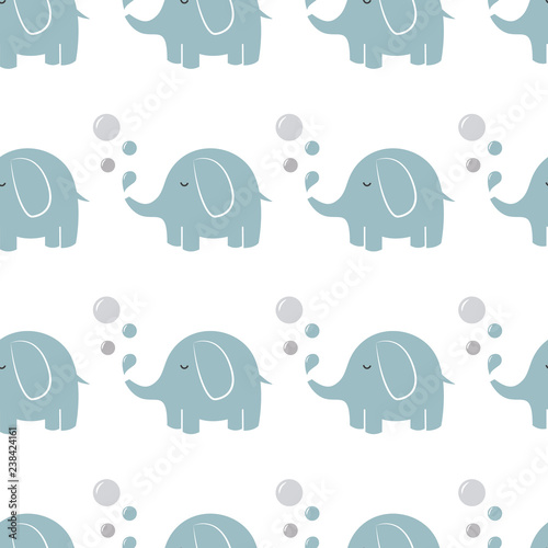 Seamless pattern with elephant and bubbles. Background with cartoon elephants. Vector illustration.