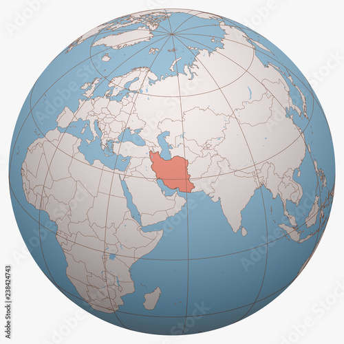 Iran on the globe. Earth hemisphere centered at the location of the Islamic Republic of Iran. Persia map.