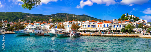 Beautiful Skiathos island - view of Chora town and old port. Sporades, Greece