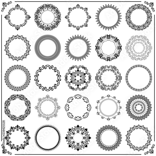 Vintage set of vector round black elements. Different elements for design frames, cards, menus, backgrounds and monograms. Classic patterns. Set of vintage patterns