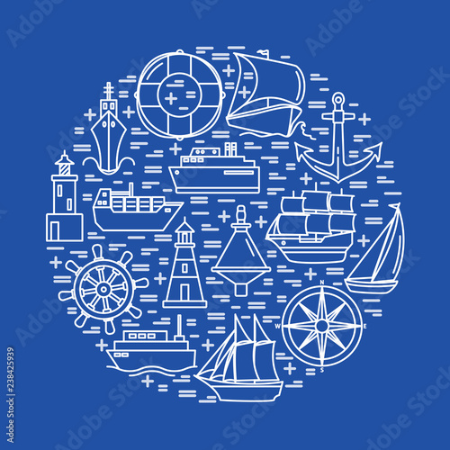 Marine round concept with ship icons in line style