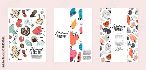 Set of vector templates. Hand drawn abstract shapes with different textures, spots and decorative elements. It can be used as book, notebook or magazine cover, brochure, booklet, annual report, flyer