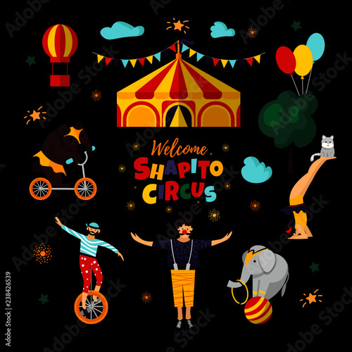 Circus elements and characters. Vector illustration for card, poster, banner, invitation template with bear, elephant, cat, acrobat, clown, tent. Isolated objects.