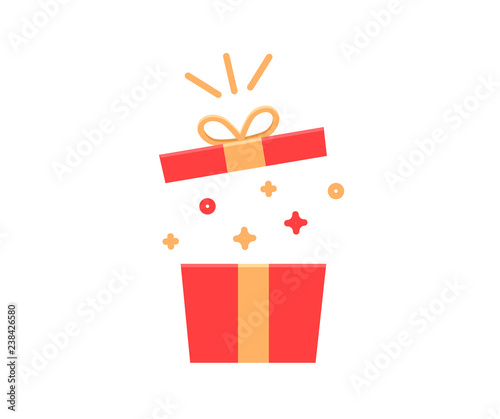 Gift box exploding with sparkles and confetti. Vector flat icon illustration for birthday, christmas, promotions, contests, marketing, etc