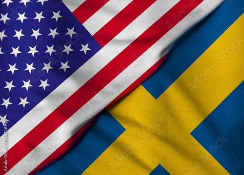 Two flags. 3D. United States and Sweden