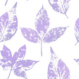 Purple leaf seamless pattern on white background. Leaf print with gold acrylic paint. Holiday decoration in style grunge. 