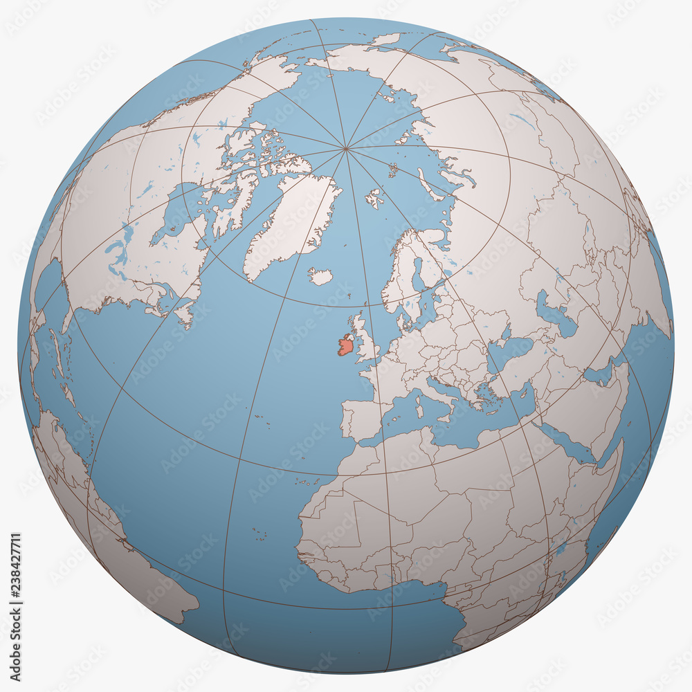 Ireland on the globe. Earth hemisphere centered at the location of the Republic of Ireland