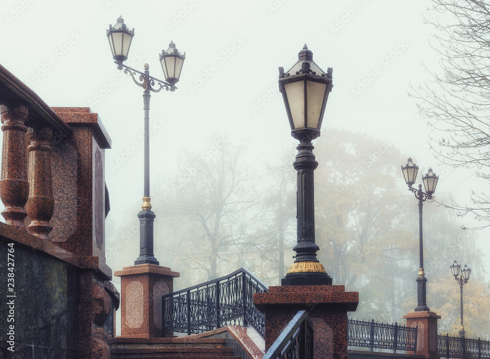 Forged lights on poles in the background hidden by the fog and trees.