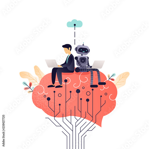 Modern robot artificial intelligence connected to human brain. Augmented intelligence, human intelligence enhance, AI human support concept. Bright vibrant living coral vector illustration
