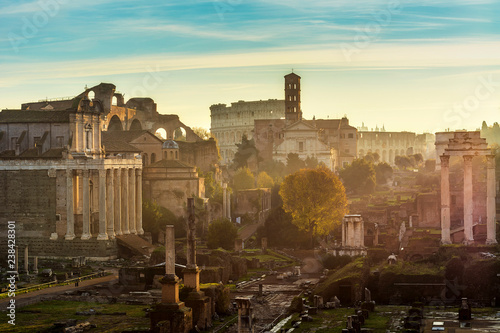 Imperial Fora (Fori Imperiali - Imperial Forum) During the Sunrise Time. Imperial Fora is situated in the Old Rome,it is one of the most famous attraction of the Capital. With Coliseum Background.